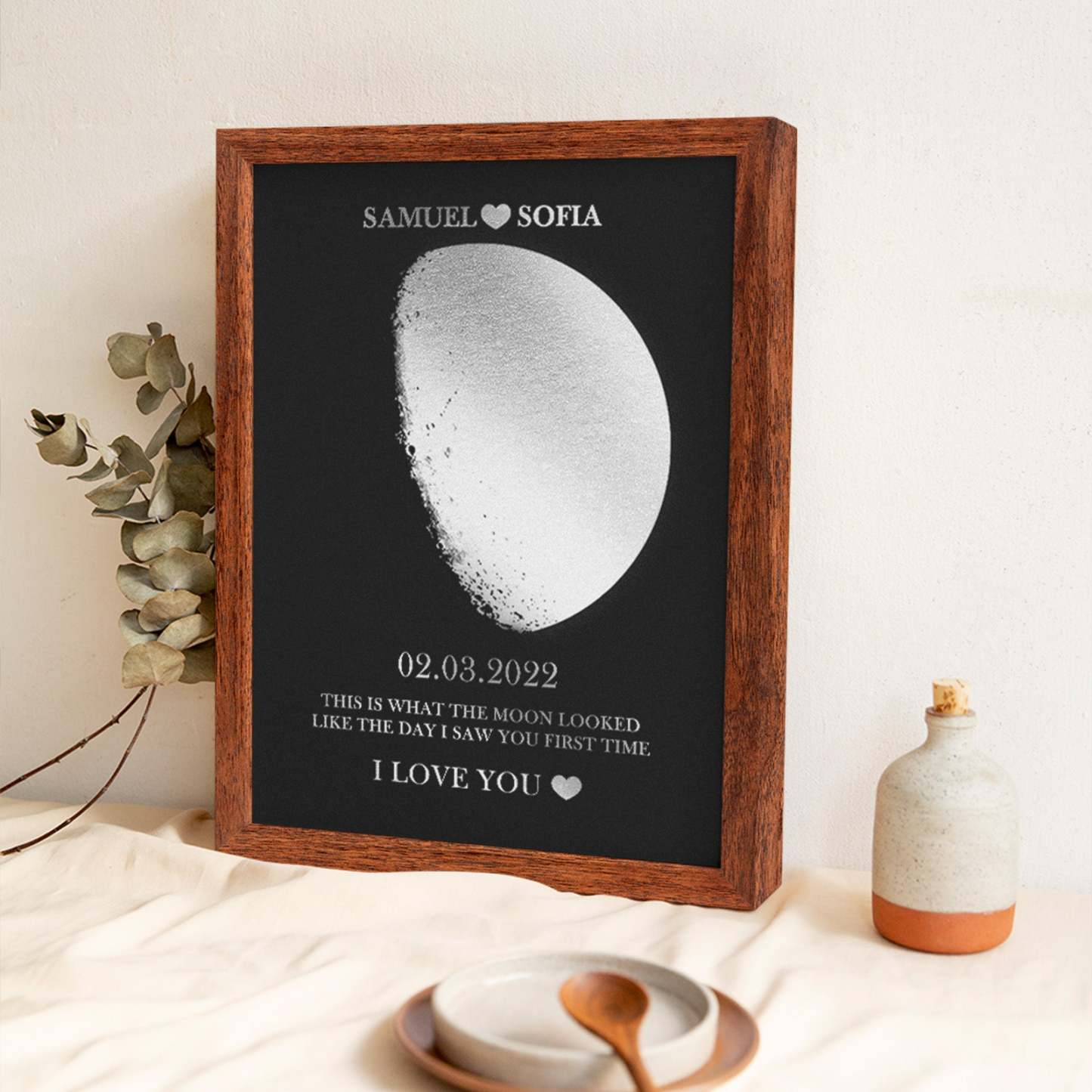 Custom Moon Phase Foil Print Wooden Frame Personalized Name and Text Family Gift - soufeelus