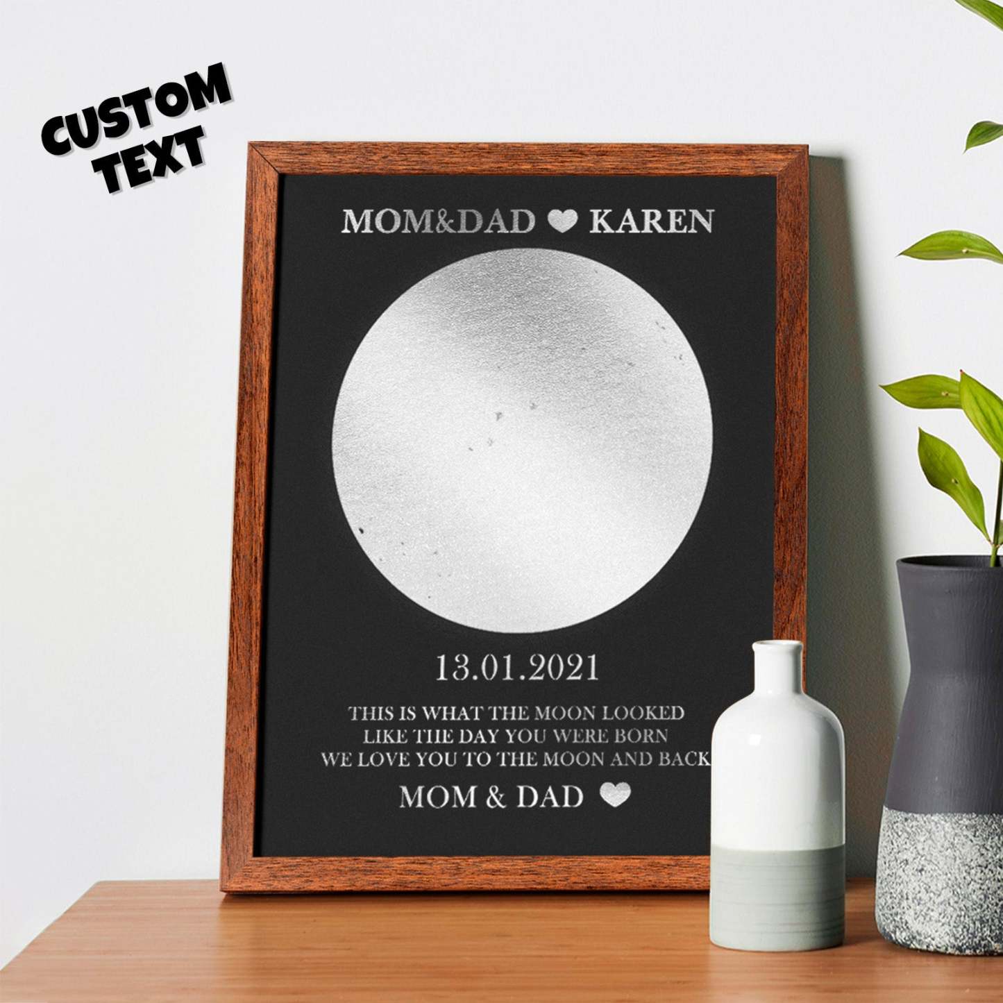 Custom Moon Phase Foil Print Wooden Frame Personalized Name and Text Family Gift - soufeelus