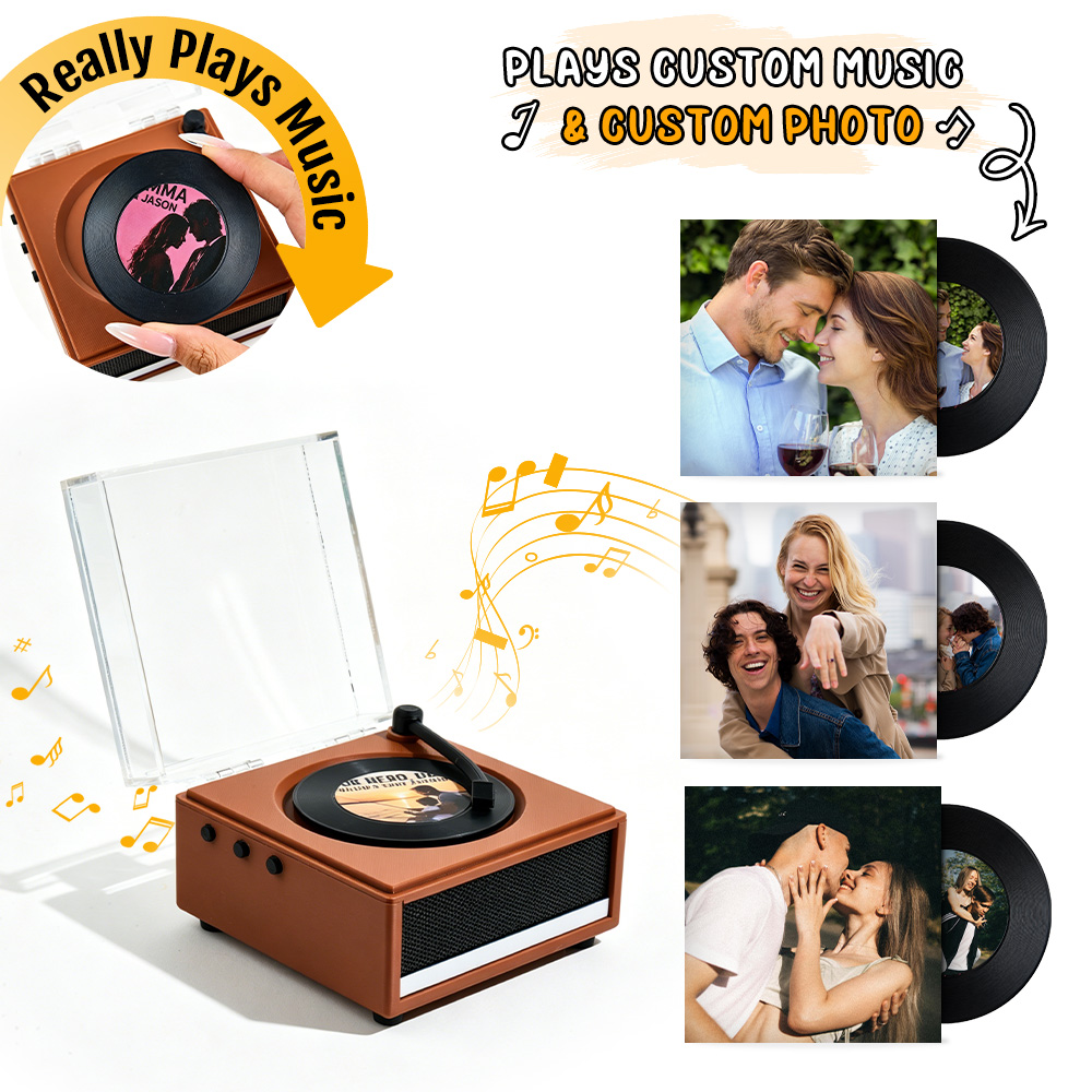Personalized Mini Vinyl Music Player That Really Plays Music | Each Vinyl Can Play a Different Full Song, Custom Photo Album Cover, Vinyl Color, Anniversary Gift for Couples - soufeelus