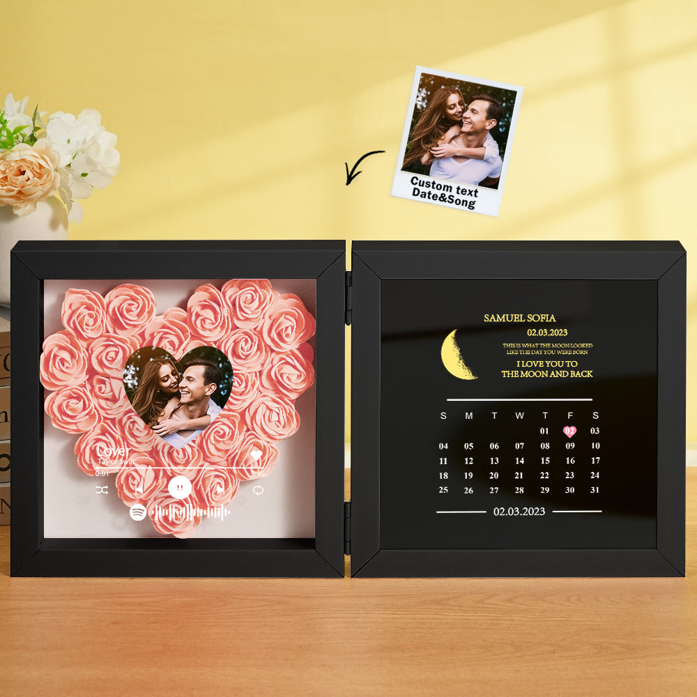 Personalized Photo Rose Flower Box Frame Custom Music Code Moon Phase Calendar Gift for Her - soufeelus