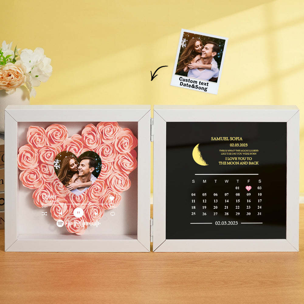 Personalized Photo Rose Flower Box Frame Custom Music Code Moon Phase Calendar Gift for Her - soufeelus