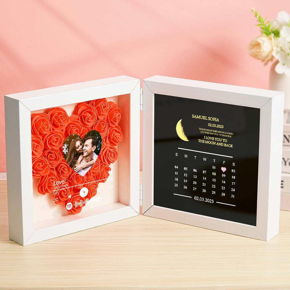 Personalized Photo Rose Flower Box Frame Custom Music Code Moon Phase Calendar Gift for Her - soufeelus