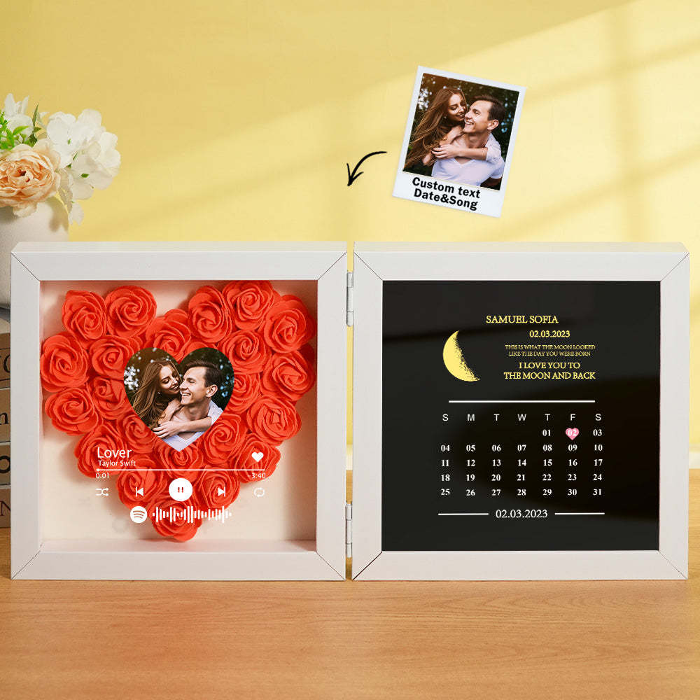 Personalized Photo Rose Flower Box Frame Custom Music Code Moon Phase Calendar Gift for Her - soufeelus