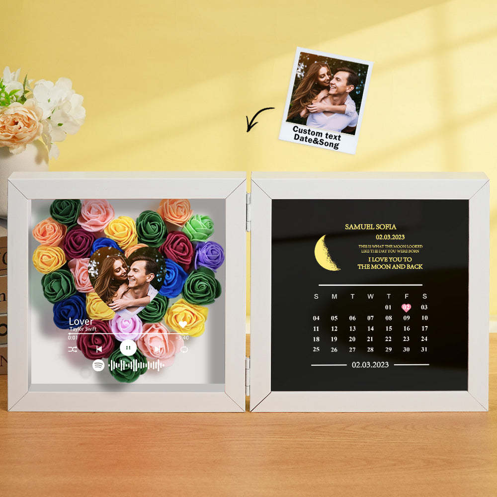 Personalized Photo Rose Flower Box Frame Custom Music Code Moon Phase Calendar Gift for Her - soufeelus