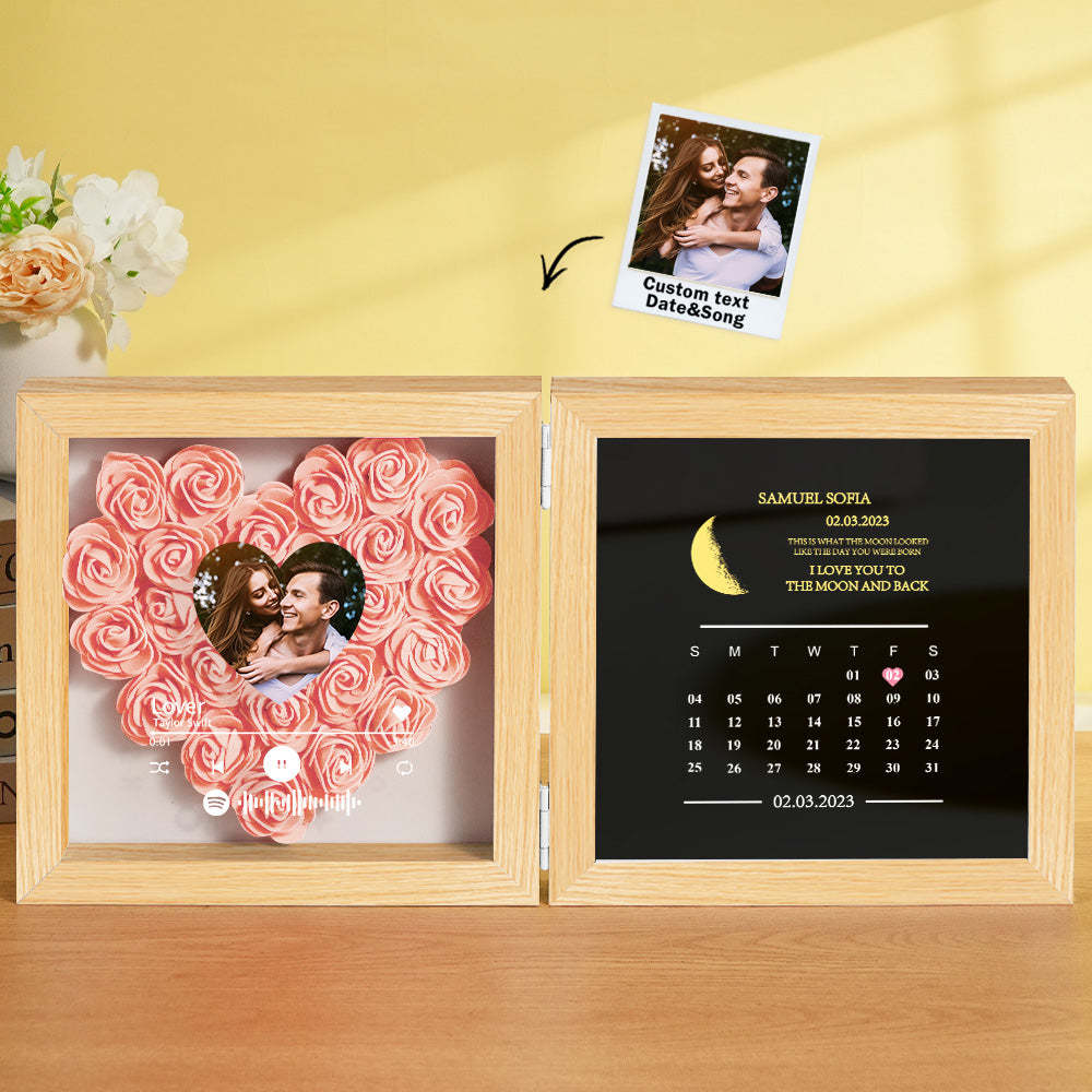 Personalized Photo Rose Flower Box Frame Custom Music Code Moon Phase Calendar Gift for Her - soufeelus