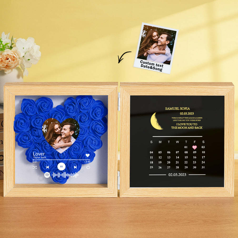 Personalized Photo Rose Flower Box Frame Custom Music Code Moon Phase Calendar Gift for Her - soufeelus