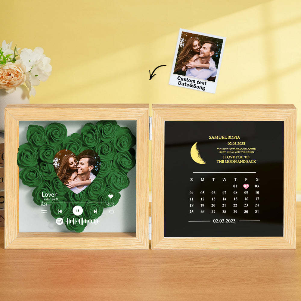 Personalized Photo Rose Flower Box Frame Custom Music Code Moon Phase Calendar Gift for Her - soufeelus