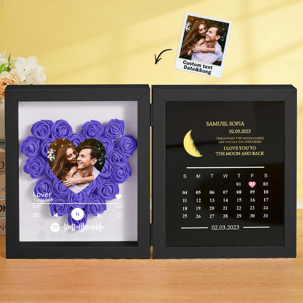 Personalized Photo Rose Flower Box Frame Custom Music Code Moon Phase Calendar Gift for Her - soufeelus