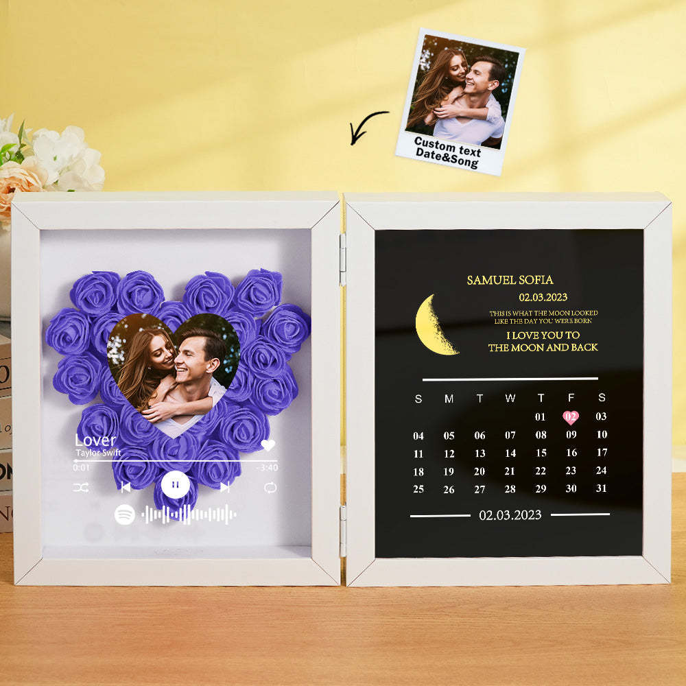 Personalized Photo Rose Flower Box Frame Custom Music Code Moon Phase Calendar Gift for Her - soufeelus