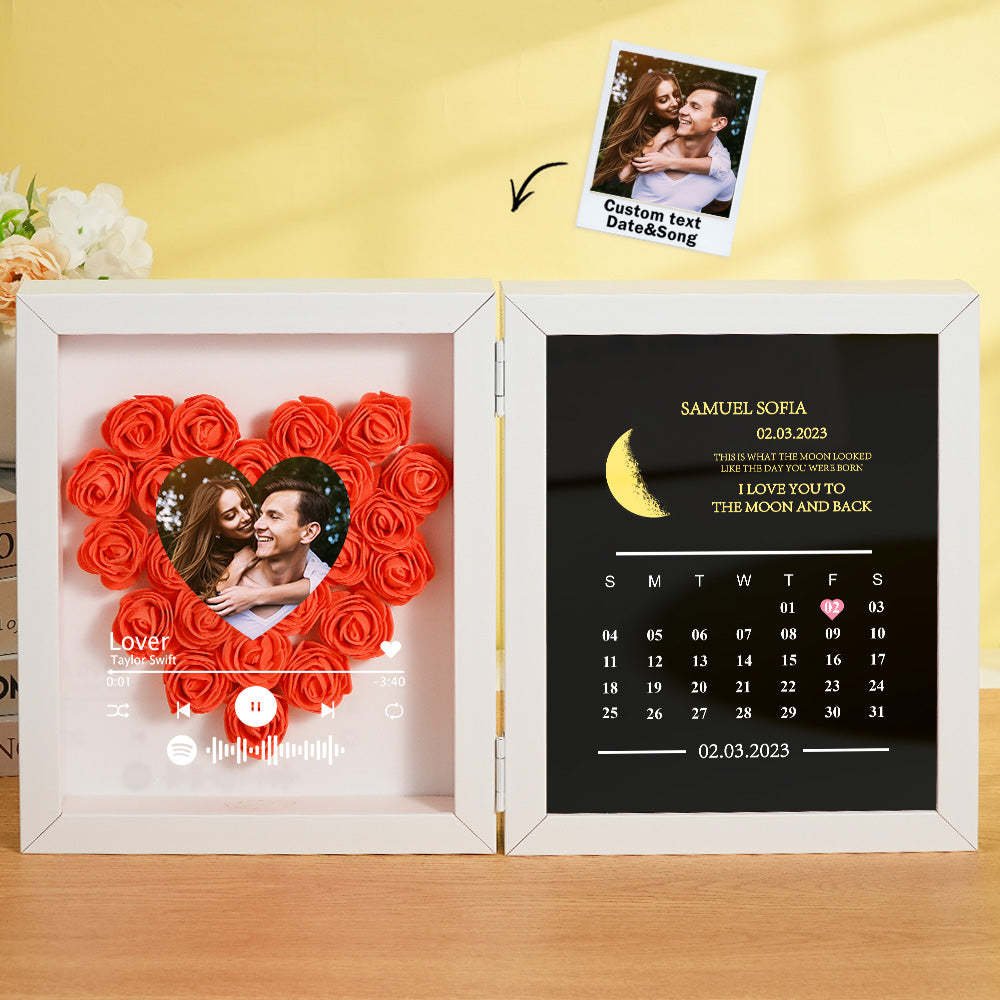 Personalized Photo Rose Flower Box Frame Custom Music Code Moon Phase Calendar Gift for Her - soufeelus