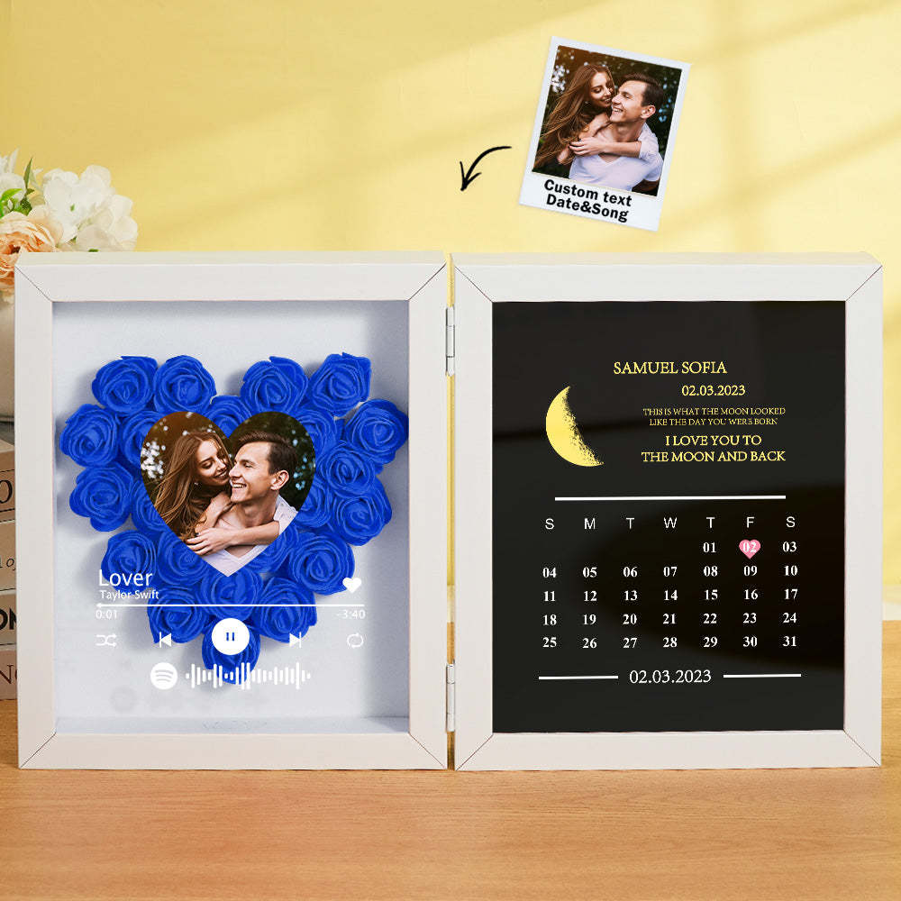 Personalized Photo Rose Flower Box Frame Custom Music Code Moon Phase Calendar Gift for Her - soufeelus