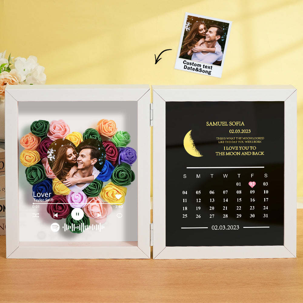 Personalized Photo Rose Flower Box Frame Custom Music Code Moon Phase Calendar Gift for Her - soufeelus