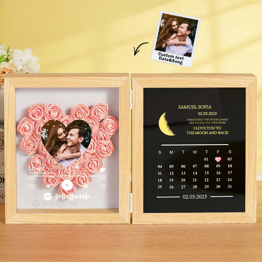 Personalized Photo Rose Flower Box Frame Custom Music Code Moon Phase Calendar Gift for Her - soufeelus