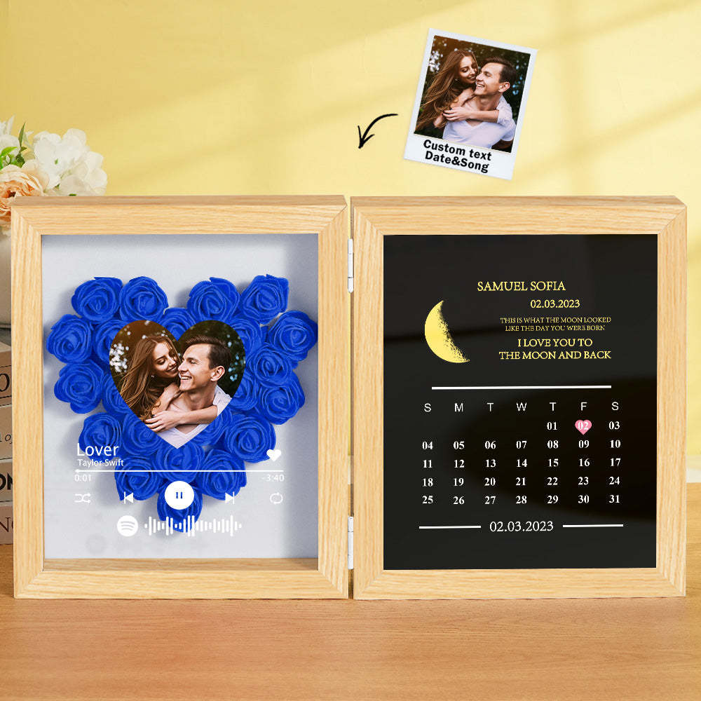 Personalized Photo Rose Flower Box Frame Custom Music Code Moon Phase Calendar Gift for Her - soufeelus