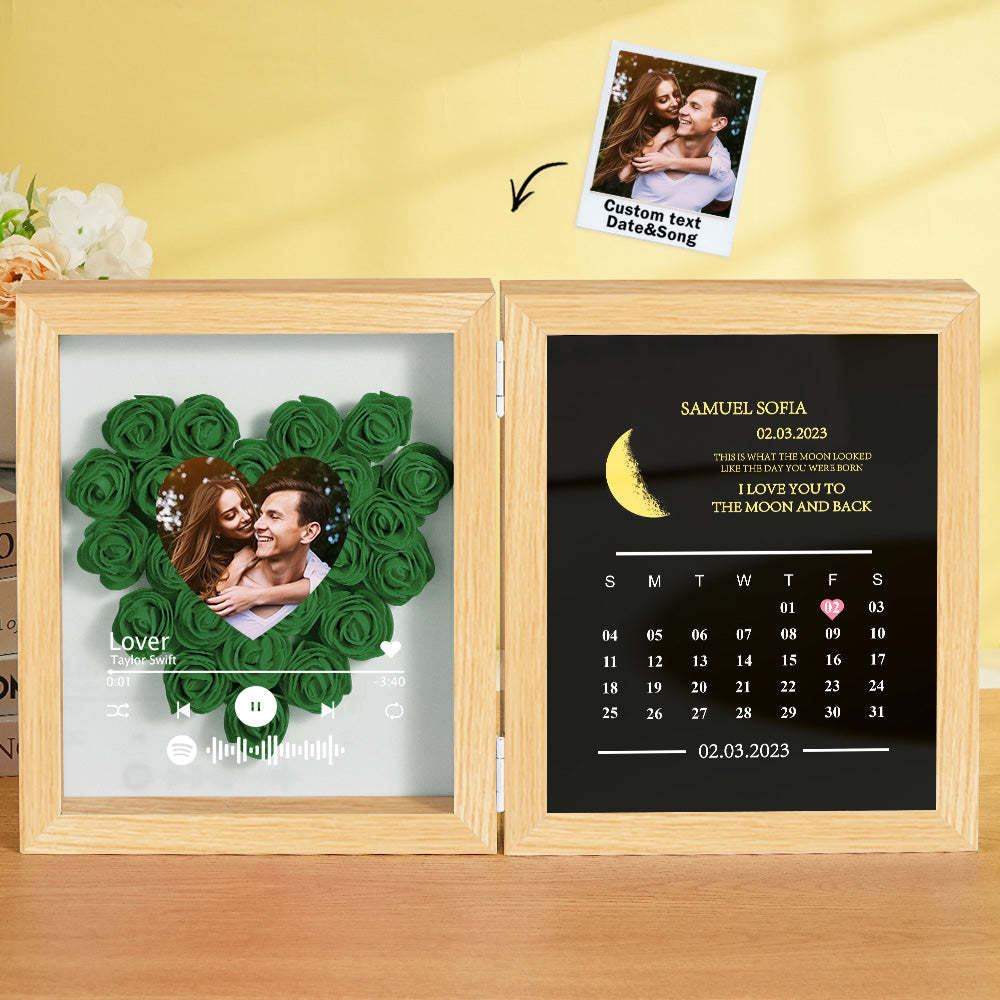 Personalized Photo Rose Flower Box Frame Custom Music Code Moon Phase Calendar Gift for Her - soufeelus