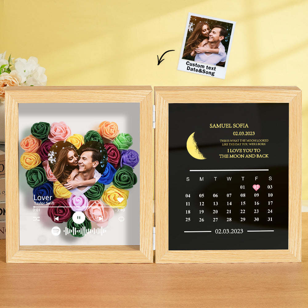 Personalized Photo Rose Flower Box Frame Custom Music Code Moon Phase Calendar Gift for Her - soufeelus