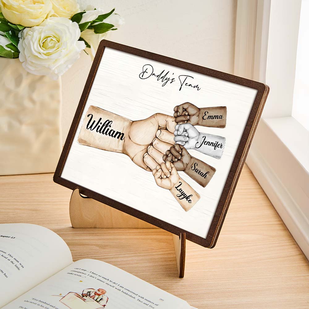 Custom Desk Decor Daddy's Team Fist Bump Personalized 2-Layer Wooden Plaque Creative Ornaments Father's Day - soufeelus
