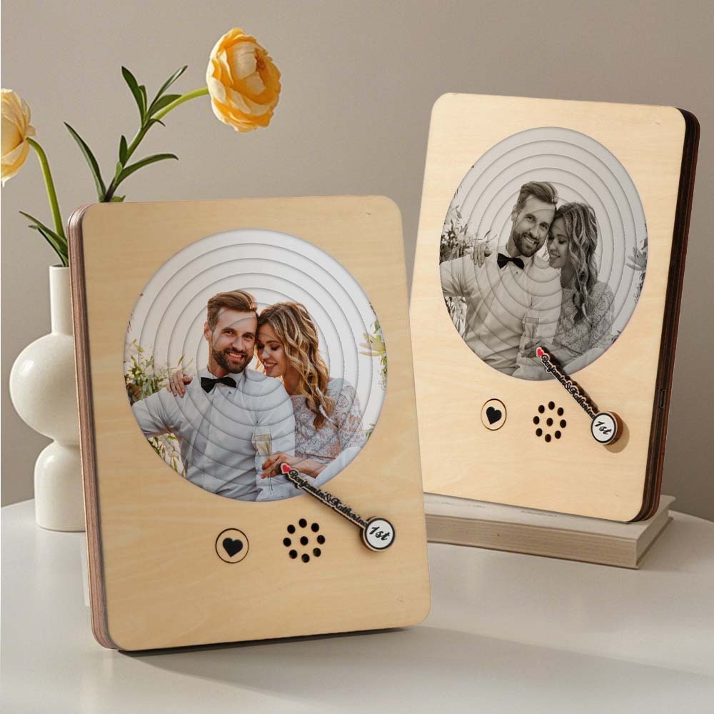 Personalized Photo Wooden Album Music Record Player Wedding Anniversary Gift for Couples - soufeelus