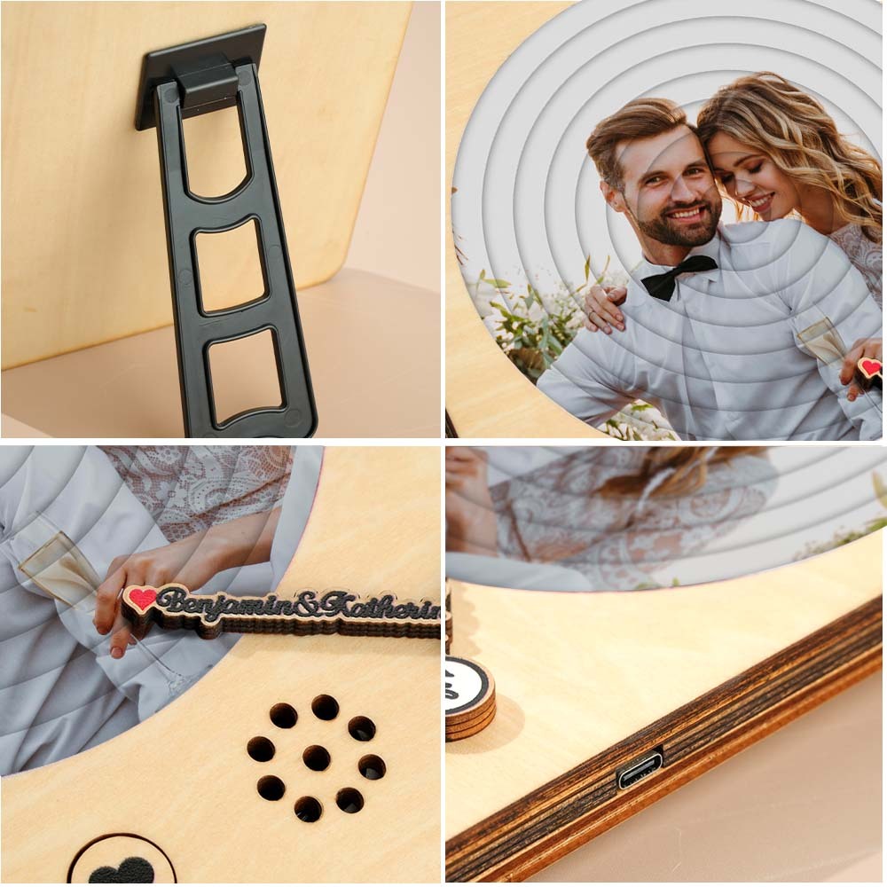 Personalized Photo Wooden Album Music Record Player Wedding Anniversary Gift for Couples - soufeelus