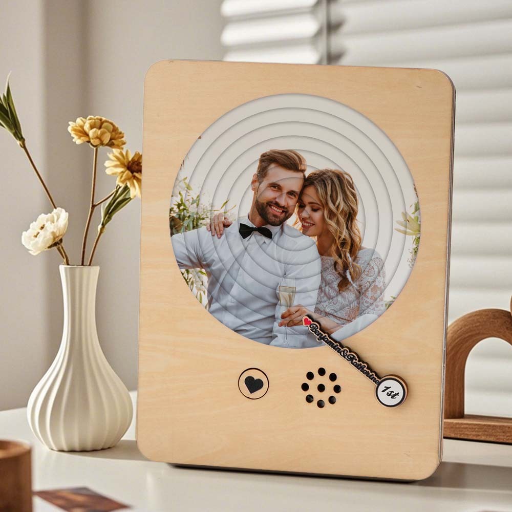 Personalized Photo Wooden Album Music Record Player Wedding Anniversary Gift for Couples - soufeelus