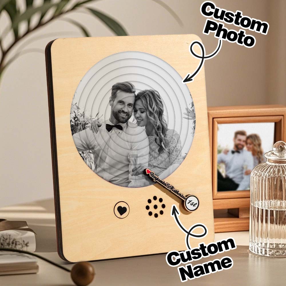 Personalized Photo Wooden Album Music Record Player Wedding Anniversary Gift for Couples - soufeelus