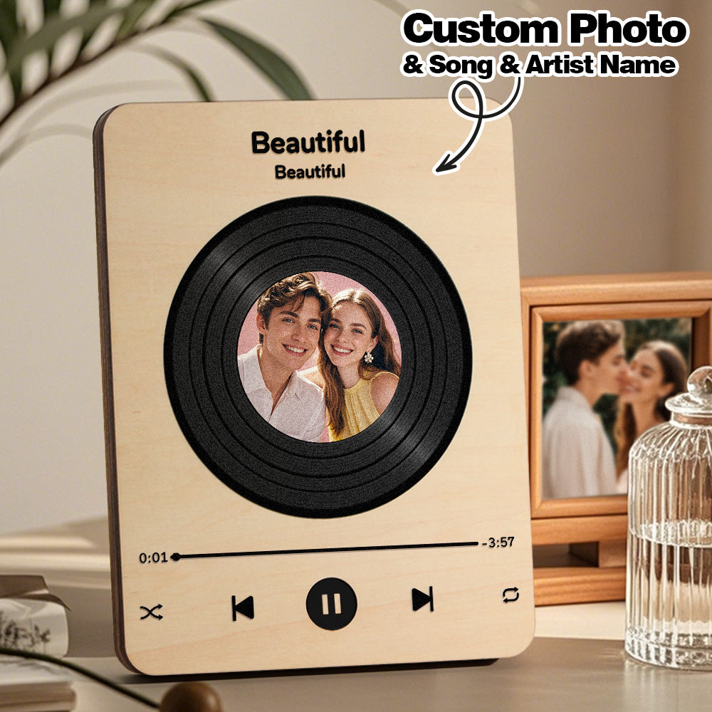 Personalized Photo Wooden Music Record Player Wedding Anniversary Gift for Couples detail