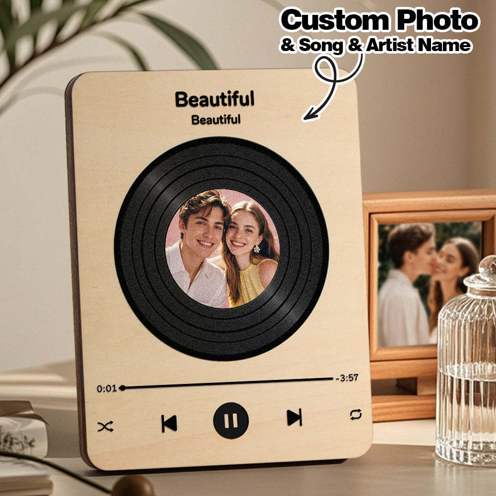 Personalized Photo Wooden Music Record Player Wedding Anniversary Gift for Couples - soufeelus