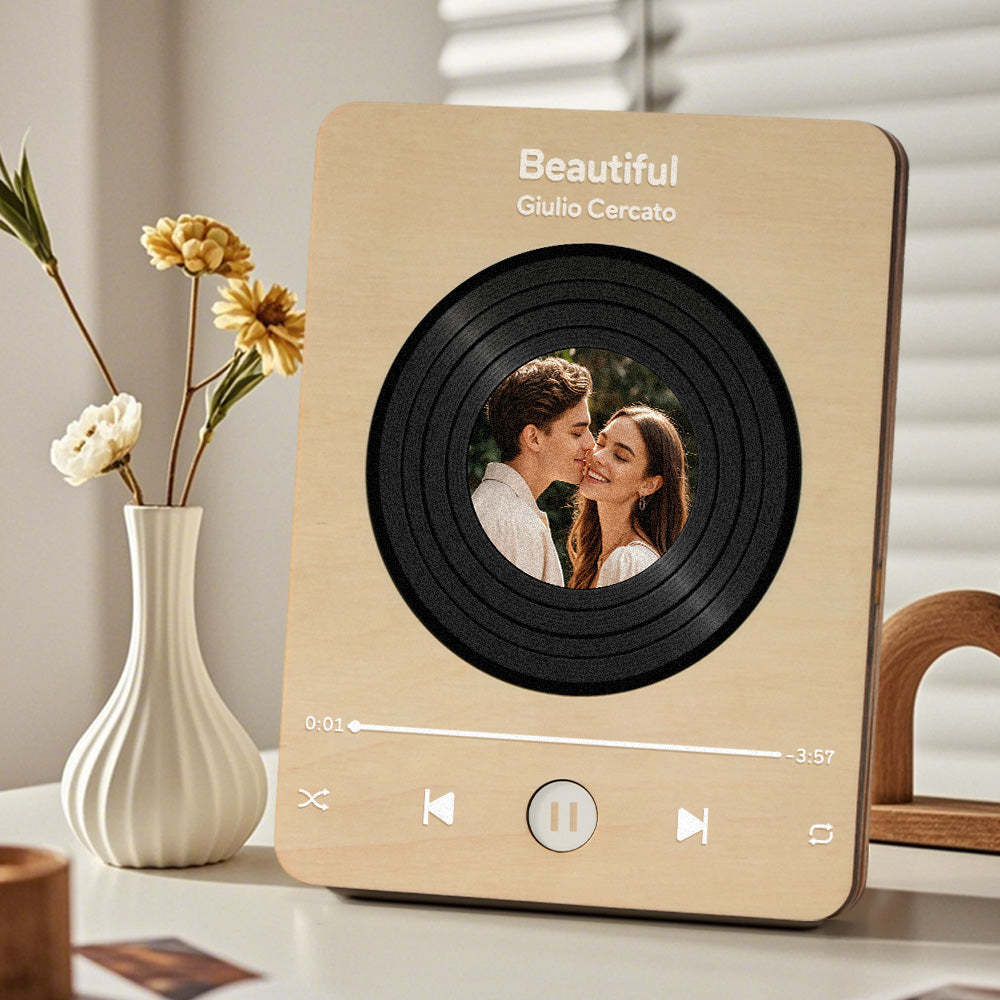 Personalized Photo Wooden Music Record Player Wedding Anniversary Gift for Couples - soufeelus