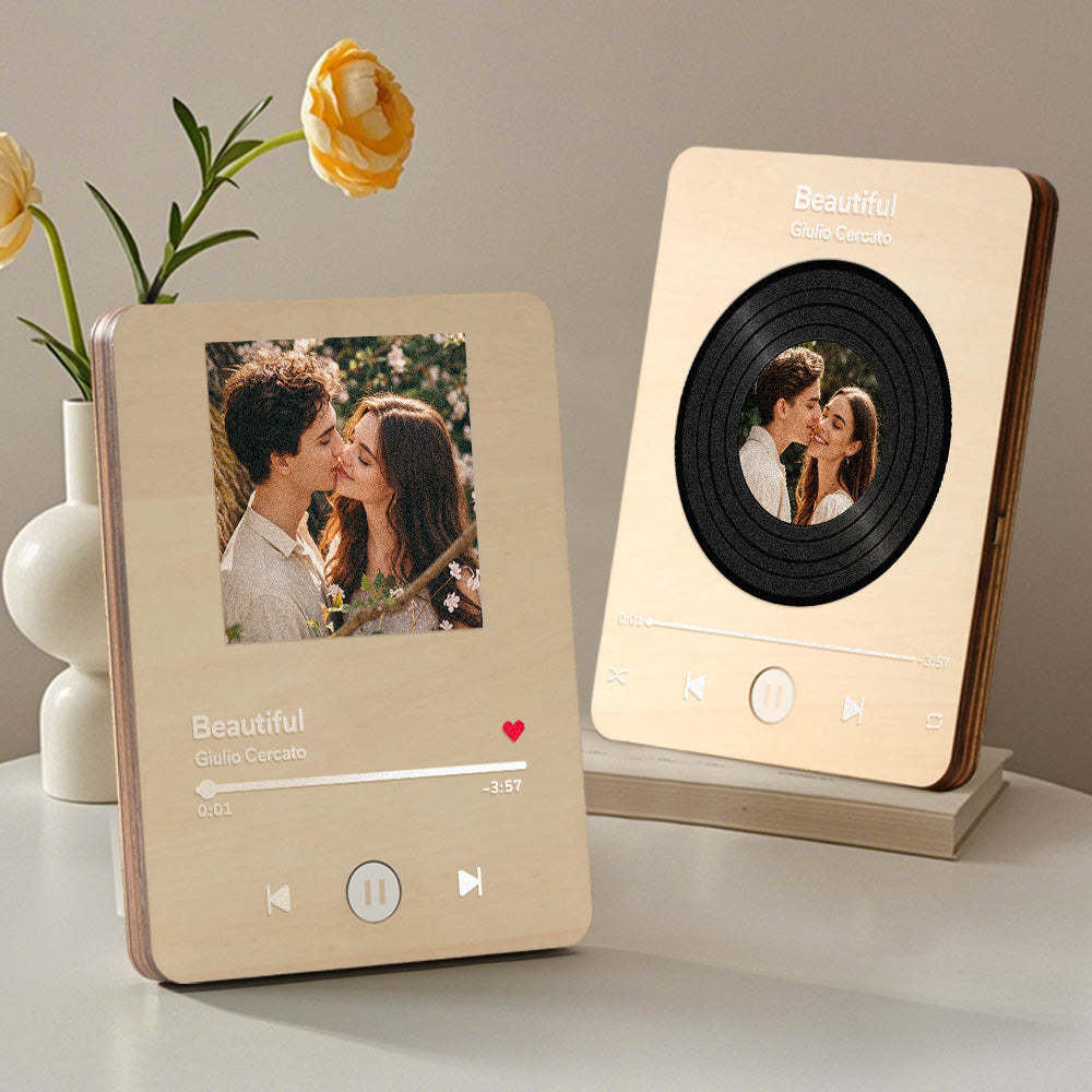 Personalized Photo Wooden Music Record Player Wedding Anniversary Gift for Couples - soufeelus