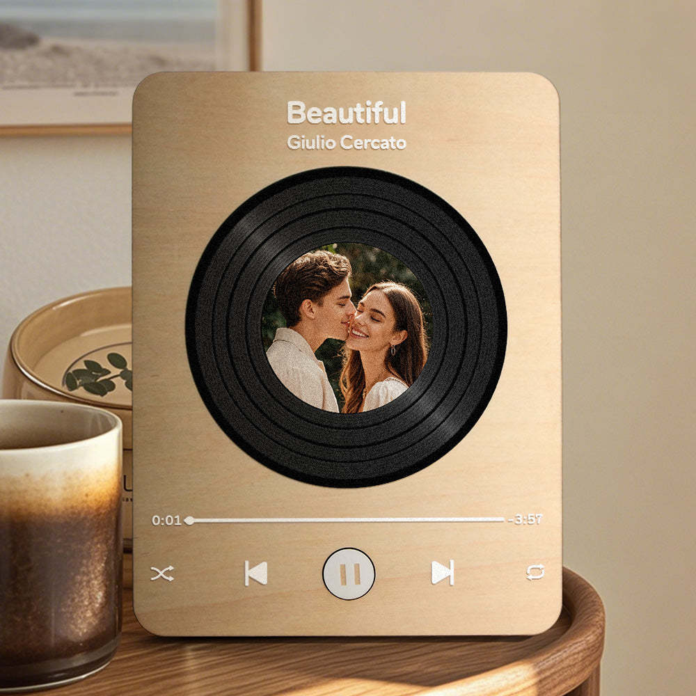 Personalized Photo Wooden Music Record Player Wedding Anniversary Gift for Couples - soufeelus