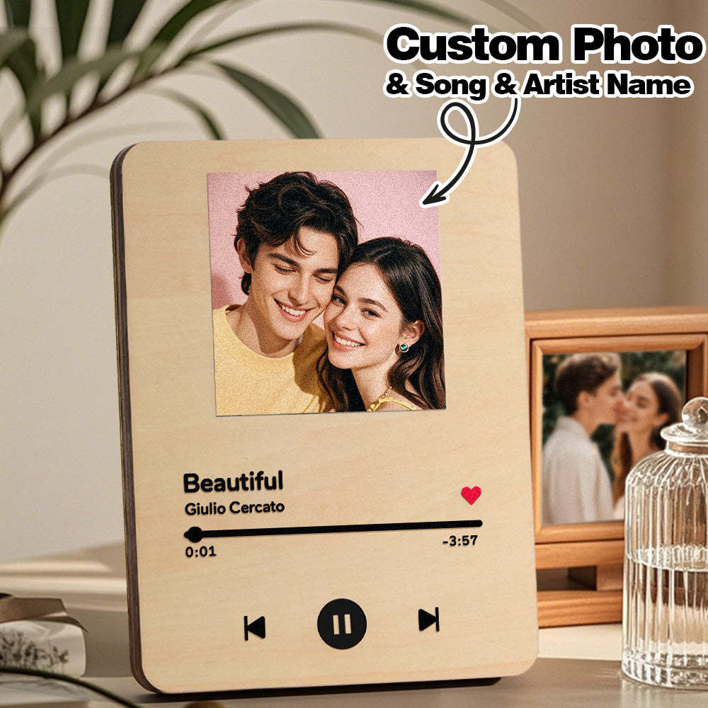 Personalized Photo Wooden Music Record Player Wedding Anniversary Gift for Couples - soufeelus