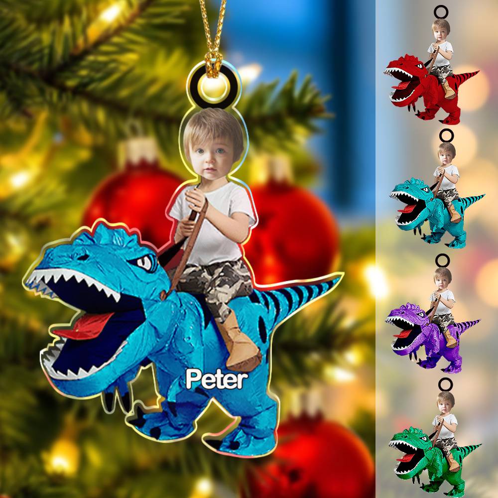 Personalized Cute Kid Rides The Dinosaurus Ornament with Name Christmas Ornament Gift - soufeelus