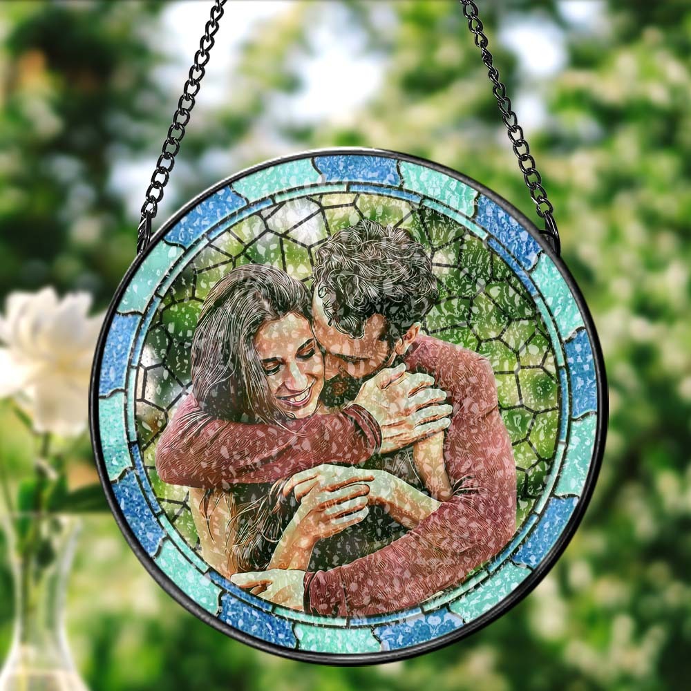 Custom Photo Where There Is Love There Is Life Couple Personalized Window Hanging Suncatcher Gift For Husband Wife Anniversary