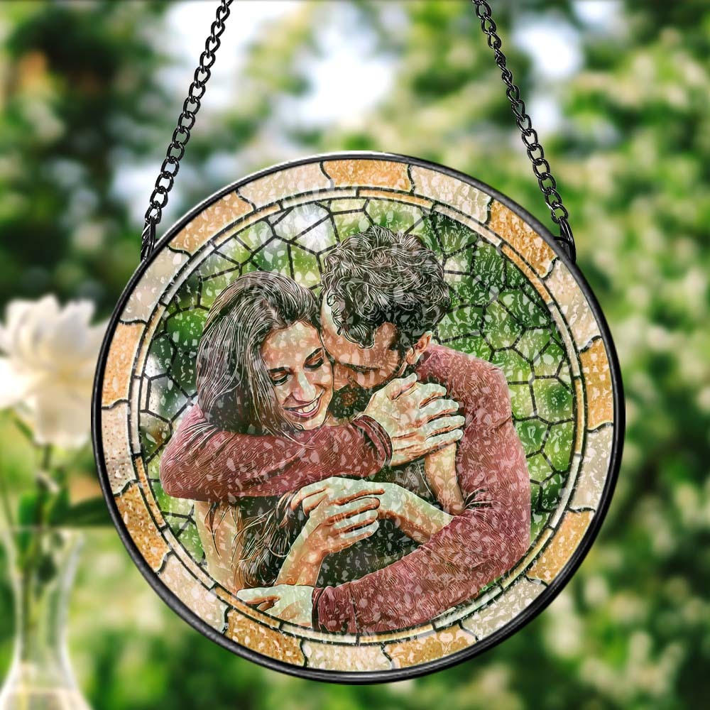 Custom Photo Where There Is Love There Is Life Couple Personalized Window Hanging Suncatcher Gift For Husband Wife Anniversary