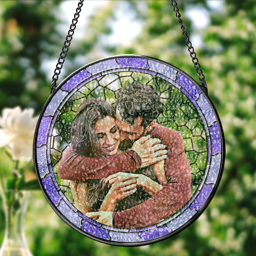 Custom Photo Where There Is Love There Is Life Couple Personalized Window Hanging Suncatcher Gift For Husband Wife Anniversary