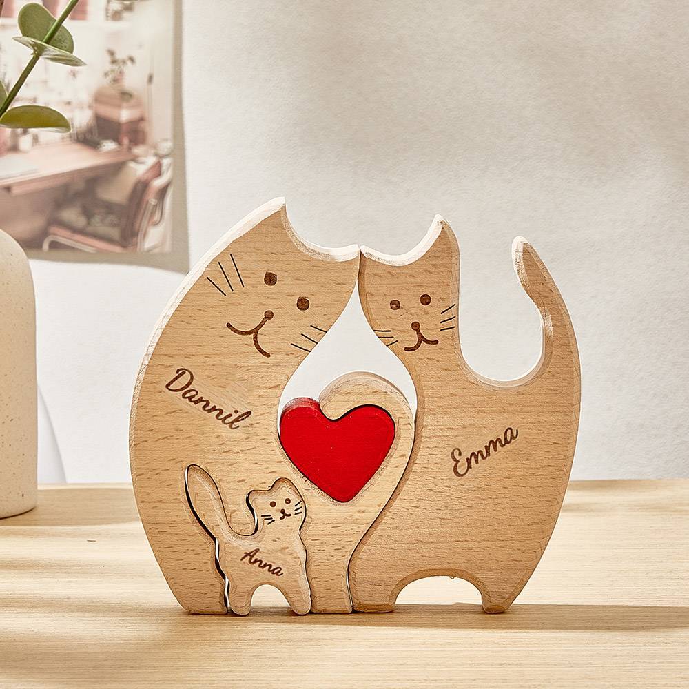 Personalized Wooden Cats Custom Family Member Names Puzzle Home Decor Gifts - soufeelus