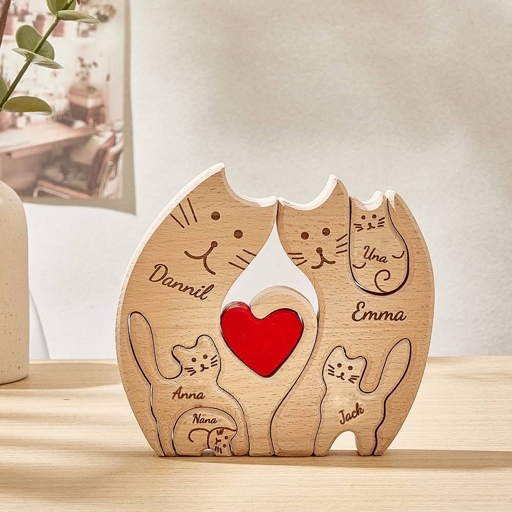 Personalized Wooden Cats Custom Family Member Names Puzzle Home Decor Gifts - soufeelus