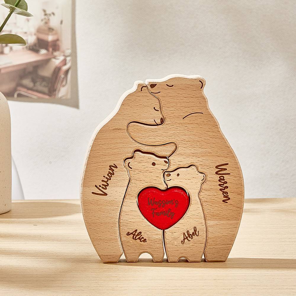 Personalized Wooden Hug Bears Custom Family Member Names Puzzle Home Decor Gifts - soufeelus