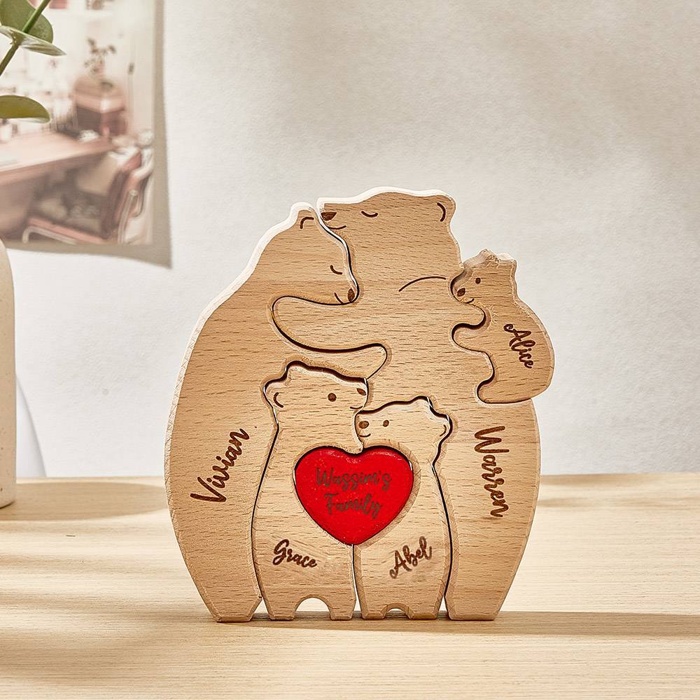 Personalized Wooden Hug Bears Custom Family Member Names Puzzle Home Decor Gifts - soufeelus