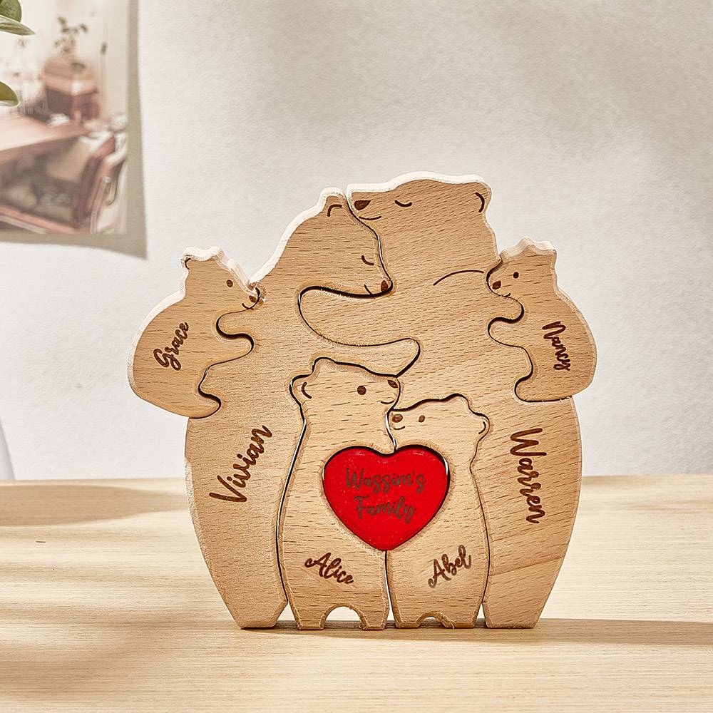 Personalized Wooden Hug Bears Custom Family Member Names Puzzle Home Decor Gifts - soufeelus
