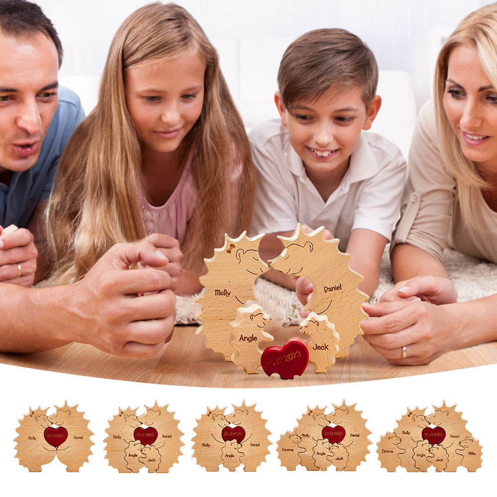 Custom Wooden Hedgehog Puzzle Personalized Hedgehog Family Names Puzzle Home Decor Gifts - soufeelus