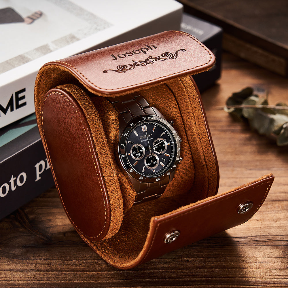 Customized Leather Watch Organizer Roll Storage Box Gift for Him - soufeelus