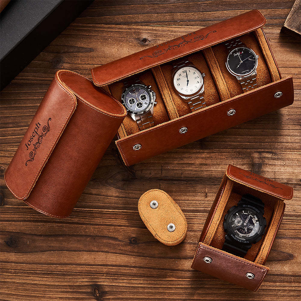Customized Leather Watch Organizer Roll Storage Box Gift for Him - soufeelus
