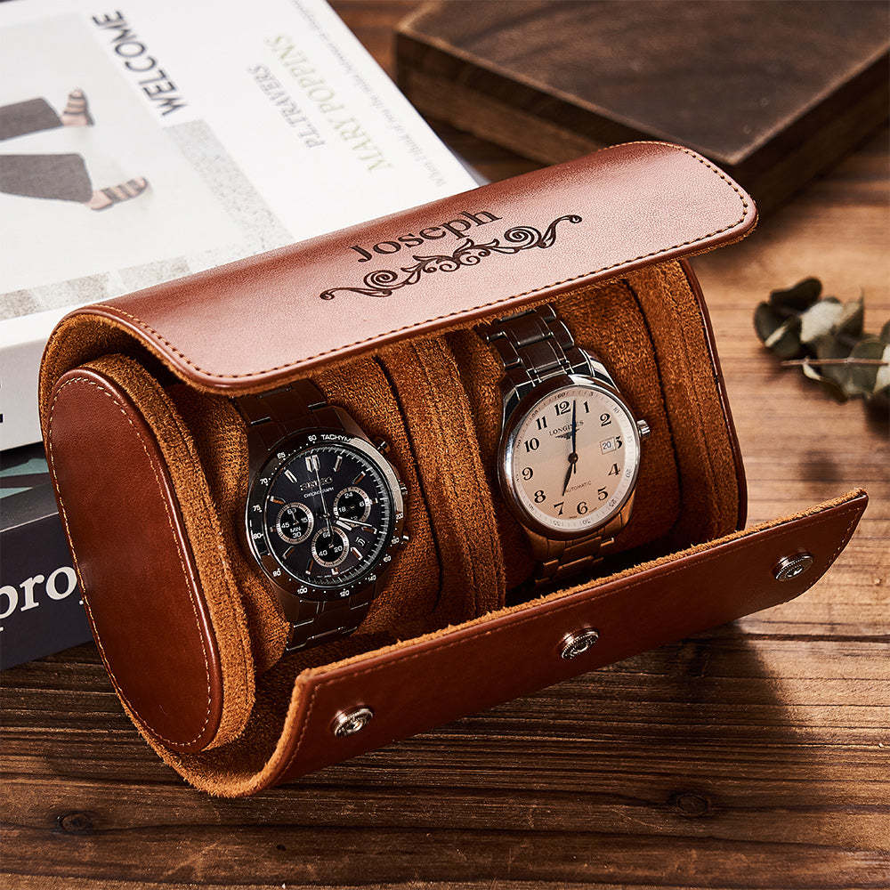 Customized Leather Watch Organizer Roll Storage Box Gift for Him - soufeelus