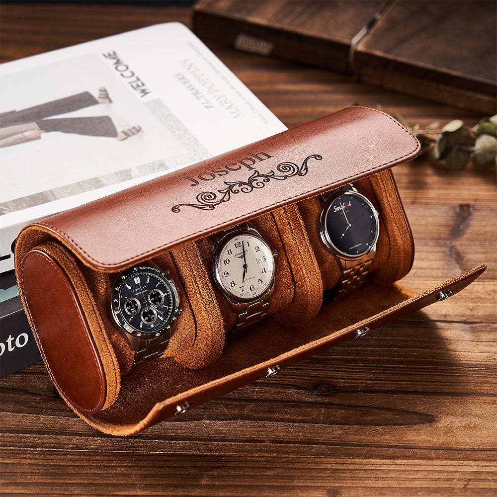 Customized Leather Watch Organizer Roll Storage Box Gift for Him - soufeelus
