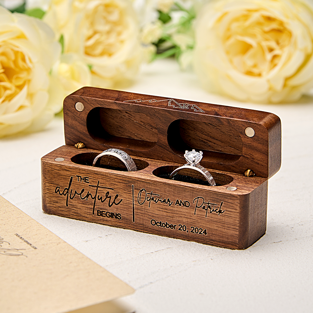 Personalized Rustic Engraved Wood 2 Rings Bearer Box with Date & Name Wedding Proposal Gift for Couple - soufeelus