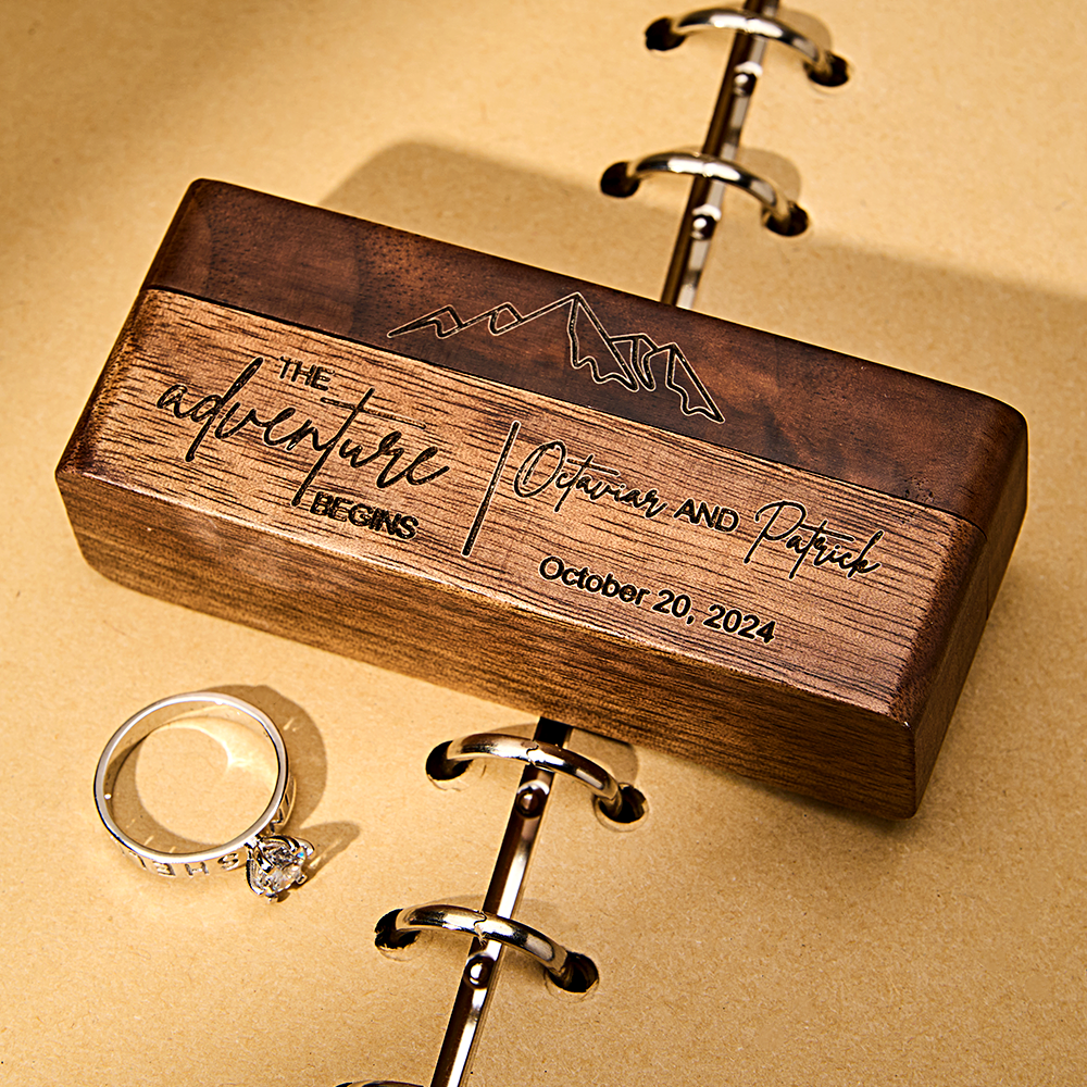 Personalized Rustic Engraved Wood 2 Rings Bearer Box with Date & Name Wedding Proposal Gift for Couple - soufeelus