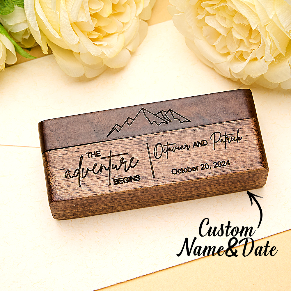 Personalized Rustic Engraved Wood 2 Rings Bearer Box with Date & Name Wedding Proposal Gift for Couple - soufeelus