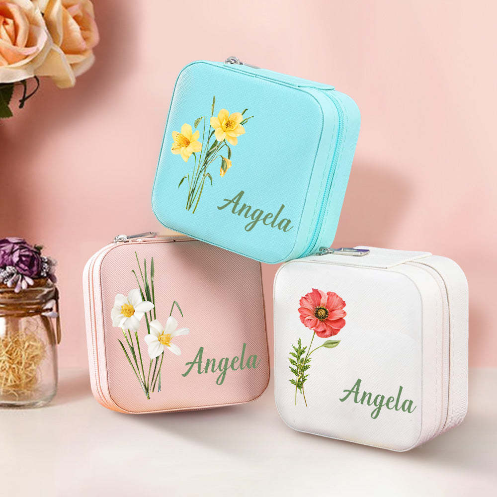 Personalized Name PU Leather Jewelry Box Birthflower Jewelry Organizer Gifts for Her - soufeelus