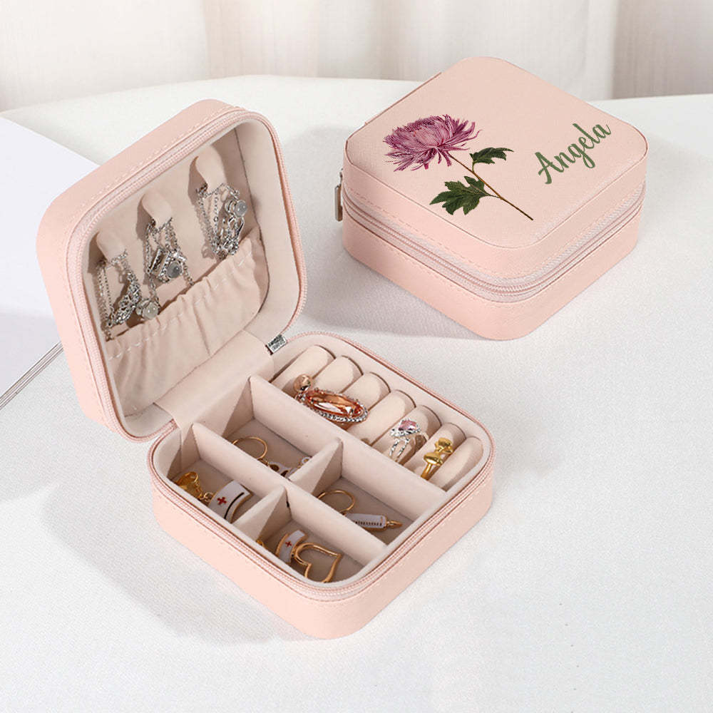 Personalized Name PU Leather Jewelry Box Birthflower Jewelry Organizer Gifts for Her - soufeelus